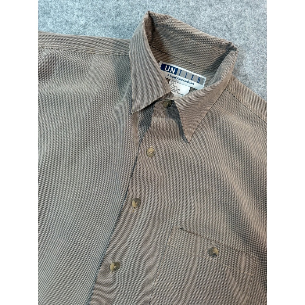 UNTIED Vintage Mens‎ Short Sleeve Button Down Shirt Tan Brown Micro Check Large